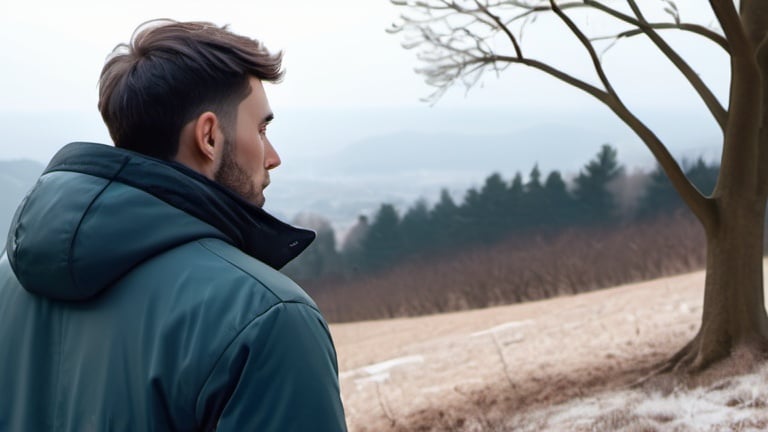 Prompt: man in winter jacket at the top of hill, pin trees in the background, age 30,  facing away, sleek short hair, expanded shot, photorealistic, 4k