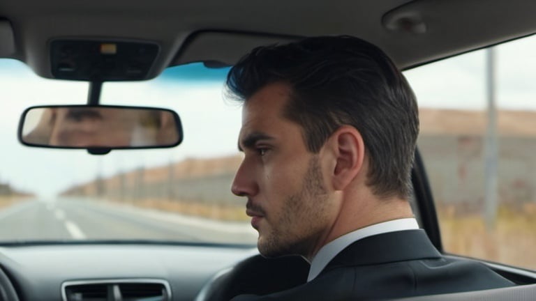 Prompt: man in suit driving a car, age 30,  facing away, rear mirror, sleek short hair, expanded shot, photorealistic, 4k, serious look
