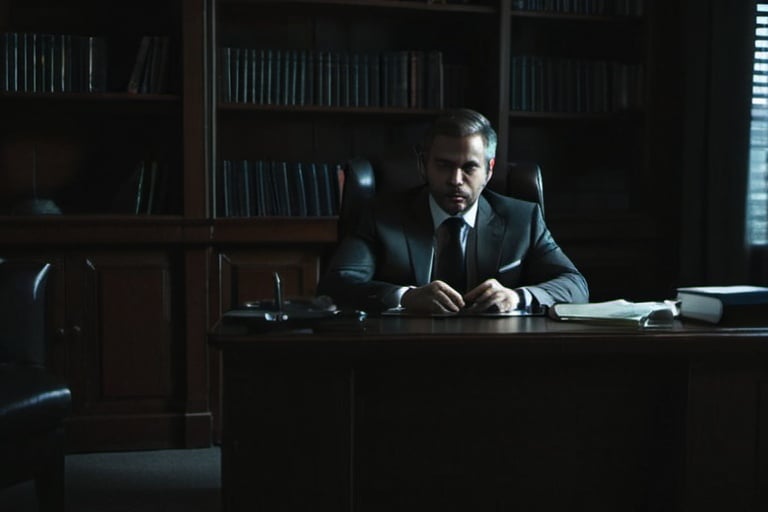 Prompt: Man in suit sitting in his dark study room, his face is not visible. Camera view from far.