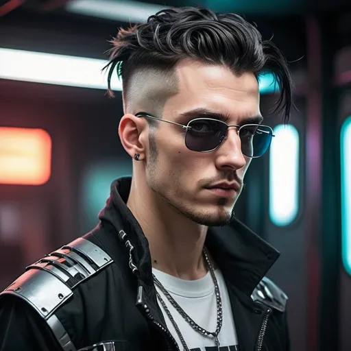 Prompt: a stylish white man with dark hair with a undercut wearing streetwear in a cyberpunk ambience 