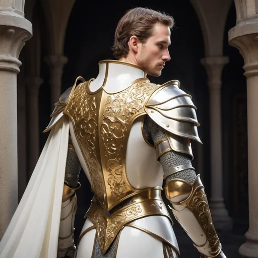 Prompt: A knight wearing sleek ornate white light armour and a flowing golden cape, along with a prominent shoulder blade