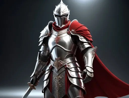 Prompt: Fantasy knight in sleek silver light armor, matching helmet, holding a sword, with a red cape, prominent shoulder blade, detailed metallic textures, high-end 3D rendering, fantasy style, regal color tones, dramatic lighting, ornate sword design, detailed facial features, heroic posture, high quality, fantasy, sleek armor, sword, red cape, regal, dramatic lighting, detailed textures, 3D rendering, fantasy style, ornate design