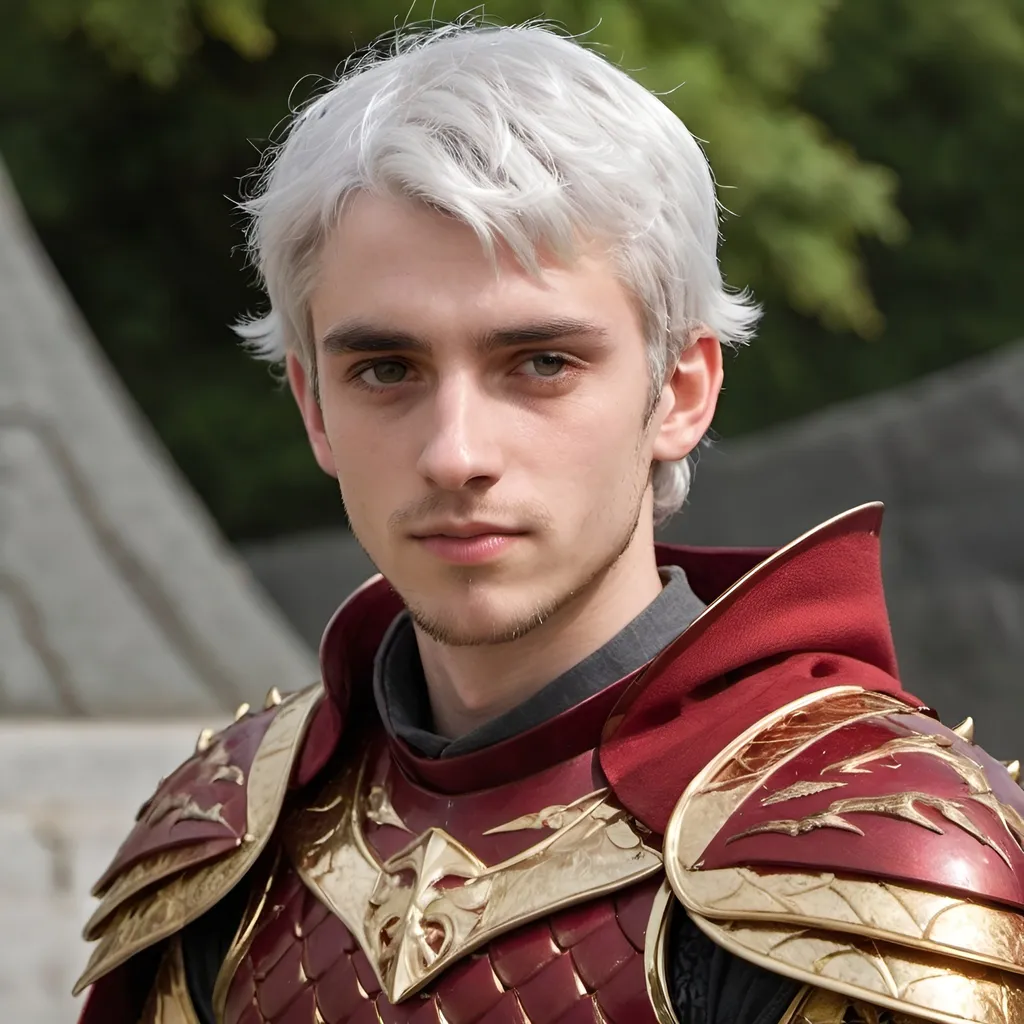 Prompt: a young european man with silver hair and a thin beard, wearing a deep red dragon armour with gold cape