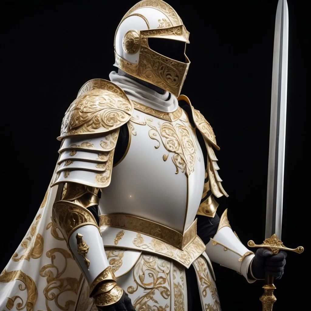 Prompt: A knight wearing white armor, a golden flowing cape with intricate and luxurious patterns, and a golden helmet with intricate ornate carvings, and a prominent white shoulder blade, holding a sword made of light in his right hand while standing on black sand.