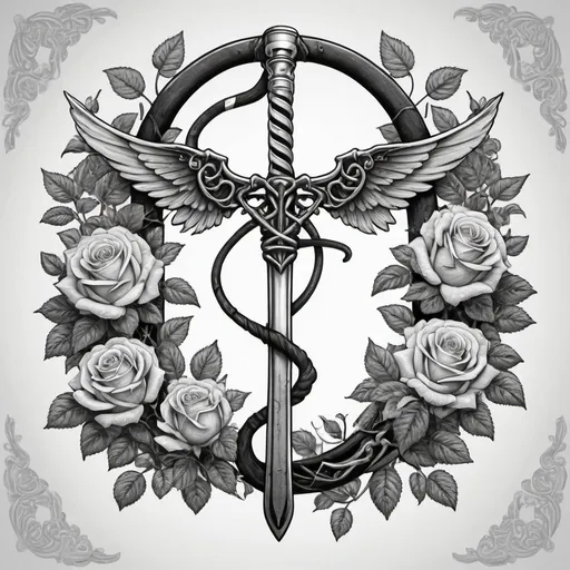 Prompt: Realistic black and white illustration of a Caduceus symbol crossed with a scythe, intricate detailing, monochromatic color scheme, high contrast, detailed shading, professional, high quality, black and white, realistic, intricate design, monochromatic, detailed shading, high contrast, symbolic, surrounded by many roses