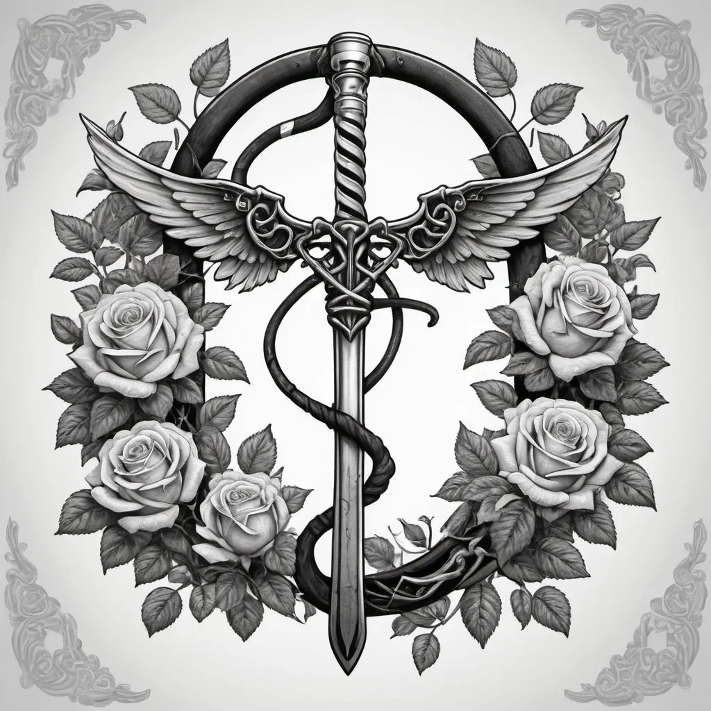 Prompt: Realistic black and white illustration of a Caduceus symbol crossed with a scythe, intricate detailing, monochromatic color scheme, high contrast, detailed shading, professional, high quality, black and white, realistic, intricate design, monochromatic, detailed shading, high contrast, symbolic, surrounded by many roses