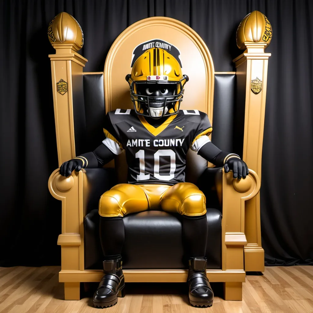 Prompt: BLACK AND GOLD TROJAN MASCOT HEAD WITH FOOTBALL JERSEY WITH A NUMBER 10 AND THE WORDS AMITE COUNTY
 AND FOOTBALL SITTING IN A THRONE CHAIR