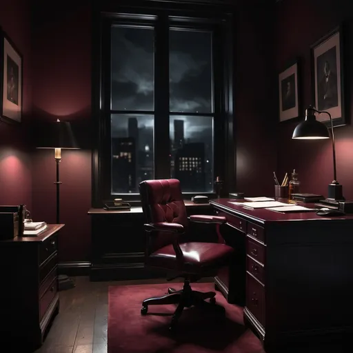 Prompt: 1000 x 1000 pixel image of a dark, dimly lit, Smokey burgundy red office room with a black desk, a chair, a pen and a pad of paper at night time. The desk has one single glass of whiskey on top as well.