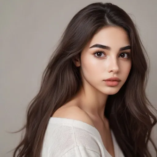 Prompt: young woman, long brown hair, big brown eyes, big heart-shaped lips, small shapely nose, eyelashes, eyebrows, defined jawline, slightly rounded chin, slim, athletic figure, shapely round buttocks,