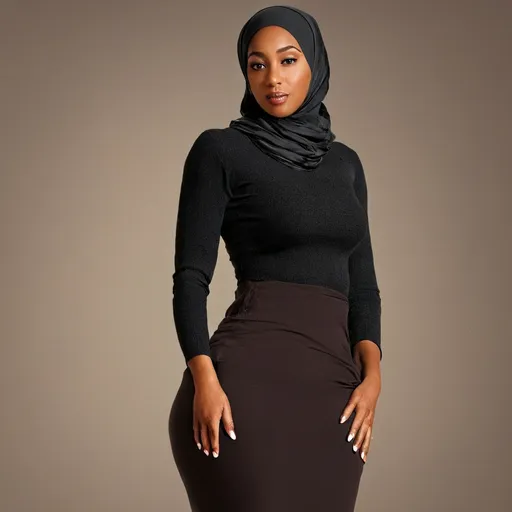 Prompt: Photorealistic photography of a beautiful petite slim thick African American woman, (((full body shot))), flirtatious pose, fashionable hijab, hourglass figure, high-resolution, photorealistic, detailed features, professional lighting, (finely detailed beautiful eyes and detailed face), (((Full-length landscape shot)))