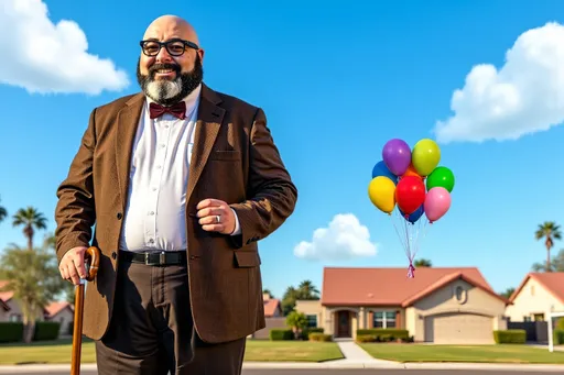 Prompt: A Pixar-inspired image of a man dressed as Carl Fredricksen from Up, standing in a vibrant and whimsical setting. He wears Carl's iconic outfit: a brown tweed jacket, a white dress shirt, a bowtie, and square glasses. He holds a walking cane with four tennis balls on the bottom, and a bunch of colorful helium balloons floats in his hand. The background features a bright blue sky, fluffy clouds, and a quaint suburban house with the iconic balloon cluster rising from its roof. The lighting is cheerful and colorful, capturing the playful yet heartfelt spirit of Up.