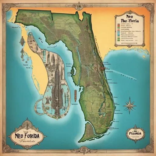 Prompt: A Map of The Neo Florida, Showed as Both Futuristic and Fantasy Florida