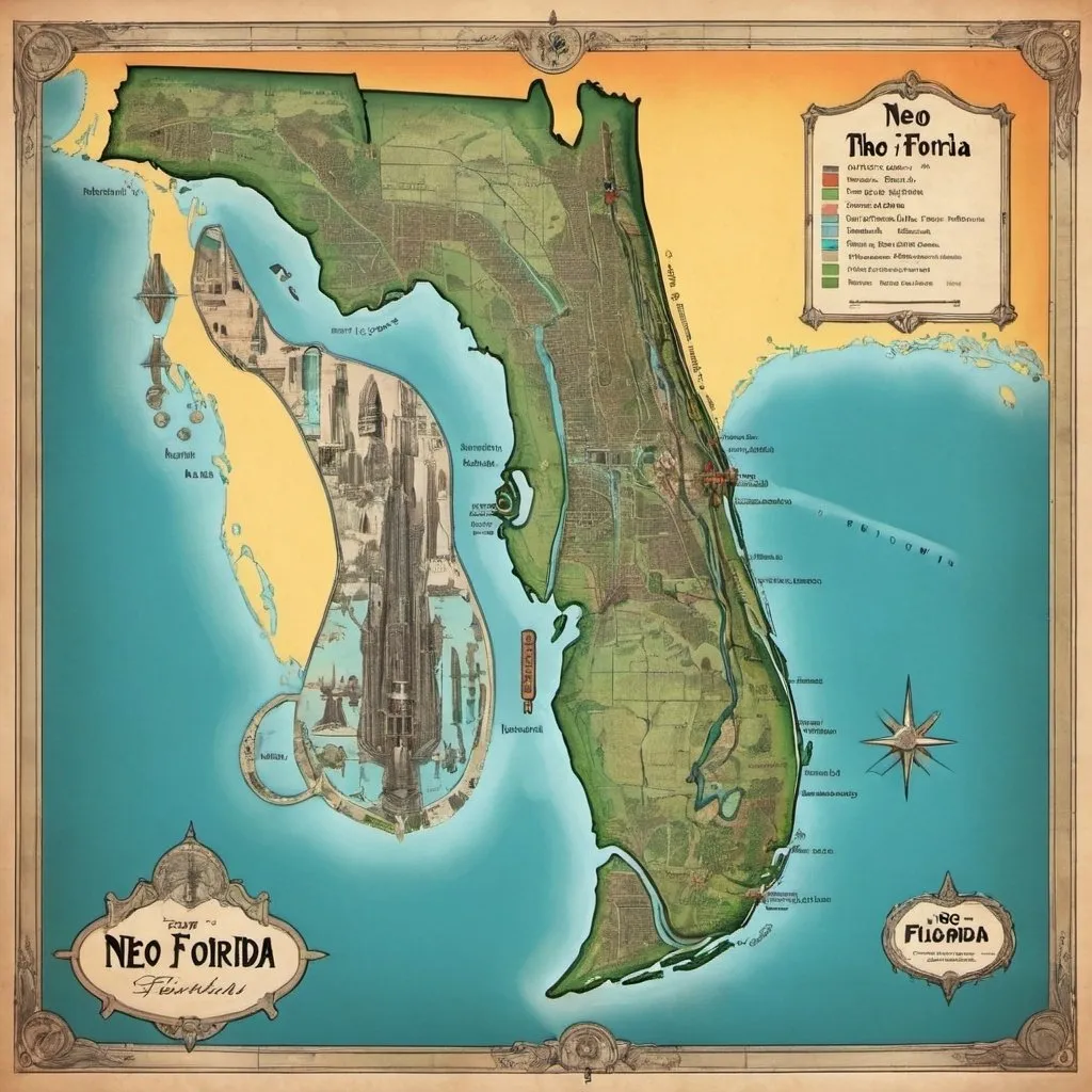 Prompt: A Map of The Neo Florida, Showed as Both Futuristic and Fantasy Florida