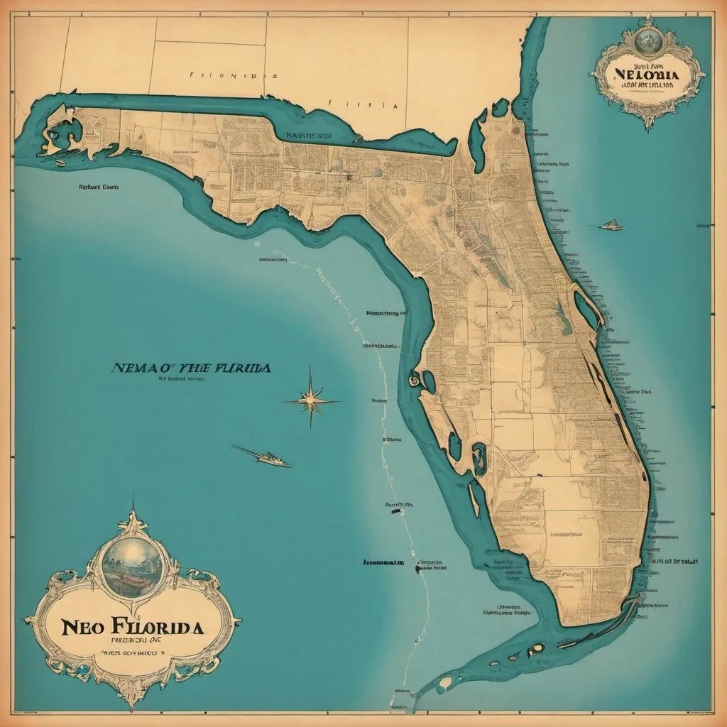 Prompt: A Map of The Neo Florida, Showed as Both Futuristic and Fantasy Florida