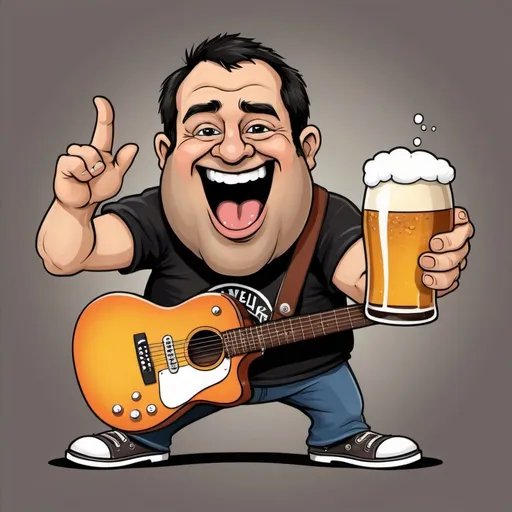 Prompt: Requiero una imagen de un Tarro de Cerveza animado tipo caricatura con manos y pies,  el cual este en un set de concierto de Rock , y el tarro de Cerveza se vea efusivamente tocando la guitarra. y que el Tarro tenga el nombre Miche Rock.