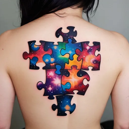 Prompt: Autism puzzle pieces galaxy tattoo