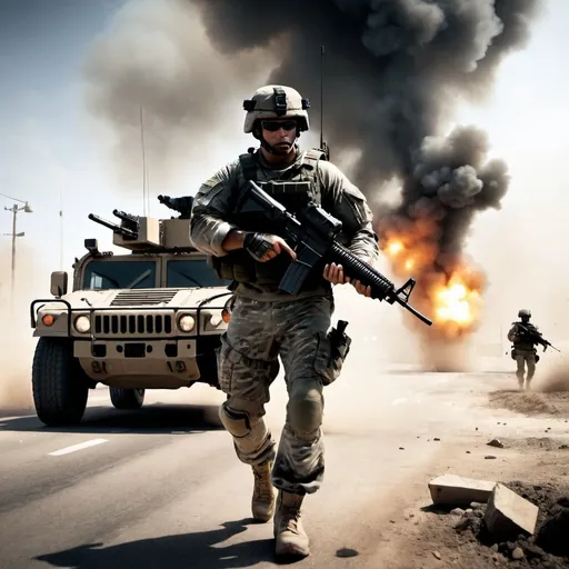 Prompt: A cover that has a full-body standing soldier, holding his weapon, places an out-of-focus HUMVEE in the background with smoke, in the style of the Battlefield 3 video game cover.