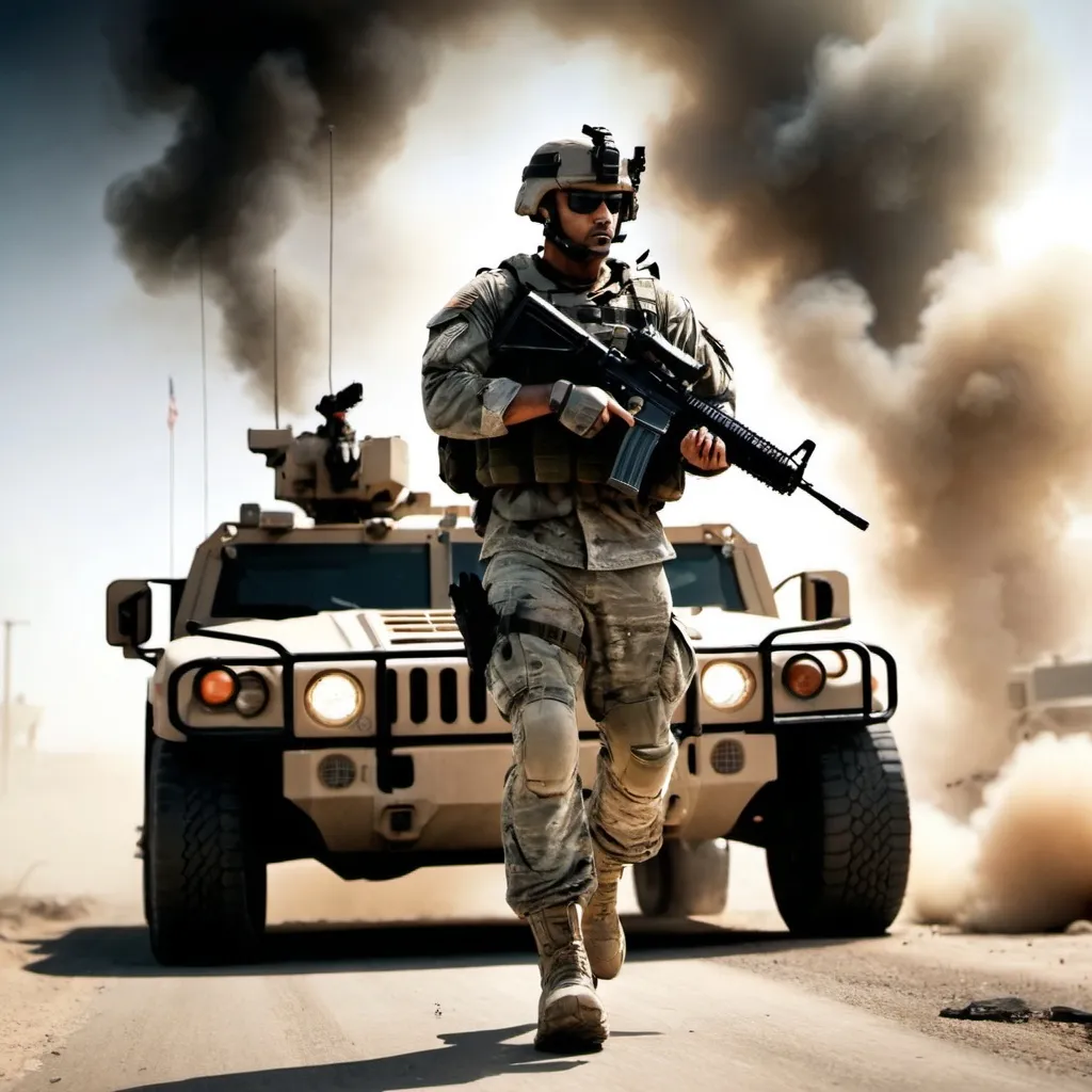 Prompt: A cover that has a full-body standing soldier, holding his weapon, places an out-of-focus HUMVEE in the background with smoke, in the style of the Battlefield 3 video game cover.