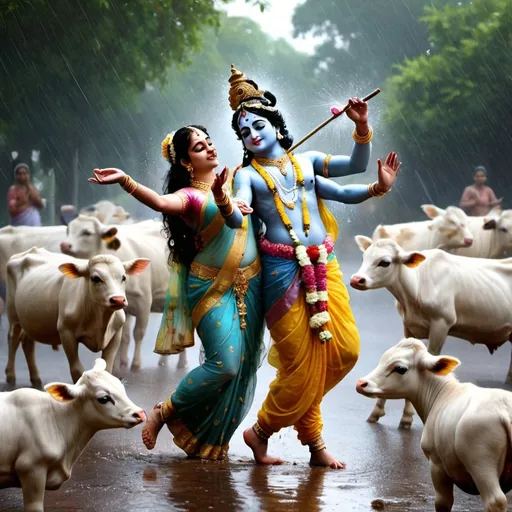 Prompt: Generate an image of lord Krishna dancing in the rain with Radha and his gopika in Vrindavan surrounded by some baby cows and peacocks.