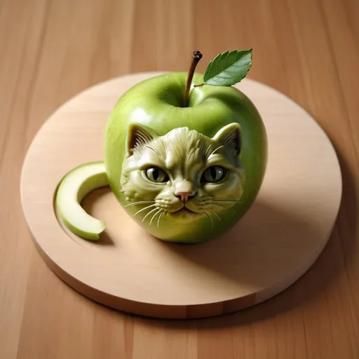 Prompt:  Photorealistic image of a green apple with a  playful kitten shape carved into its side, revealing the pale inner flesh. The carving is simple and playful, with the apple on a plain light brown cutting board under natural lighting to highlight the details and a darker brown wood slats background and there is a tiny worm on the  apple's small leaf.
