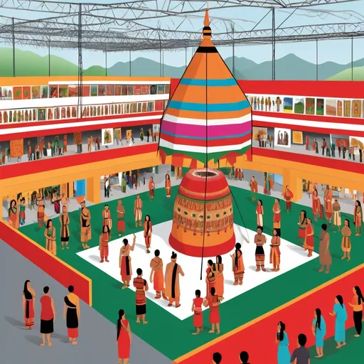 Prompt: clipart showing cultural vibrant unconventional yet grand exhibition area in a public space with human showing various displays of spatiality of various indian cultures together in nagaland 