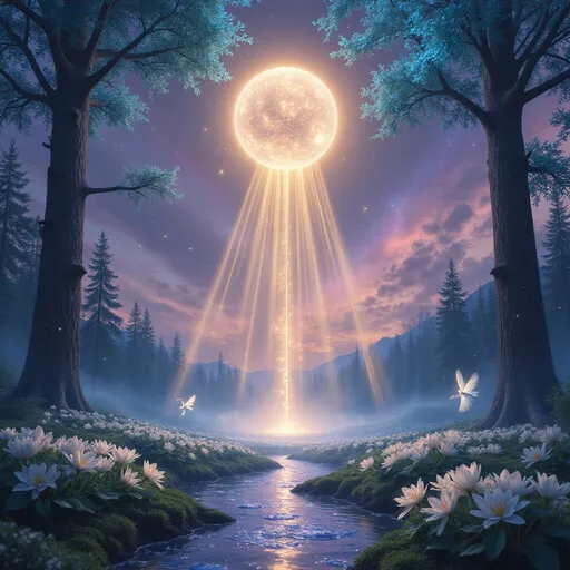 Prompt: An ethereal fantasy landscape glowing with radiant light. A floating crystal orb at the center emits golden beams that illuminate a mystical forest. Bioluminescent trees with glowing cyan leaves tower overhead, while sparkling fireflies and translucent winged spirits dance around streams of liquid light. Below, a path of glowing white lilies leads to a celestial portal swirling with stardust. The sky shimmers with aurora-like waves of pink and purple, blending with constellations that pulse rhythmically. Hyper-detailed, 8K resolution, magical realism style, and soft cinematic lighting.