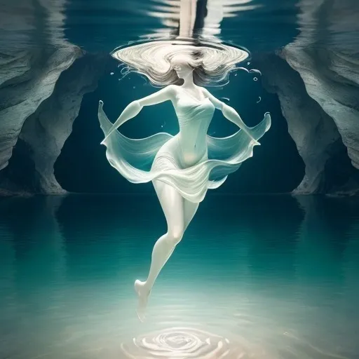 Prompt:  A serene scene of a woman floating peacefully on calm water, her body blending with the environment. Her outstretched legs form a bridge-like arch reflecting in the water, while gentle waves ripple around her. The composition focuses on abstract natural elements—flowing water, soft light, and harmonious curves—evoking themes of connection and fluidity. Stylized with ethereal colors and surreal textures, inspired by nature’s balance."HOT