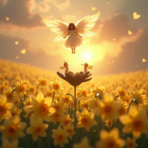 Prompt: A surreal, ethereal paradise with endless fields of golden daffodils under a soft golden sunset. At the center, a single jet-black dahlia flower glows mysteriously, its velvety petals shimmering with dewdrops. Tiny cute fairies with iridescent wings (one balancing on the black flower, others giggling mid-air) sprinkle glowing pollen that illuminates the scene. Above them, a radiant angel with feathery white wings floats gracefully, surrounded by floating crystals and golden light beams. The sky transitions from peach to lavender, with fluffy clouds shaped like hearts. Hyper-detailed, 8K resolution, magical realism style, soft bokeh effects, and whimsical Disney-like charm."

