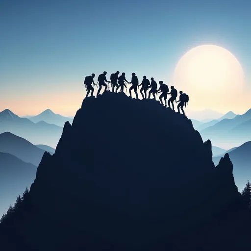 Prompt: far view silhouette of a group helping each other climbing a mountain facing to left, dynamic poses of support and teamwork, majestic mountain peak, soft gradients of blue and white in the sky, warm tones, feeling of unity and determination, peaceful ambiance, highly detailed silhouettes against the vibrant sky, (4K quality), inspiring scene highlighting collaboration and perseverance. with a 16:9 dimension