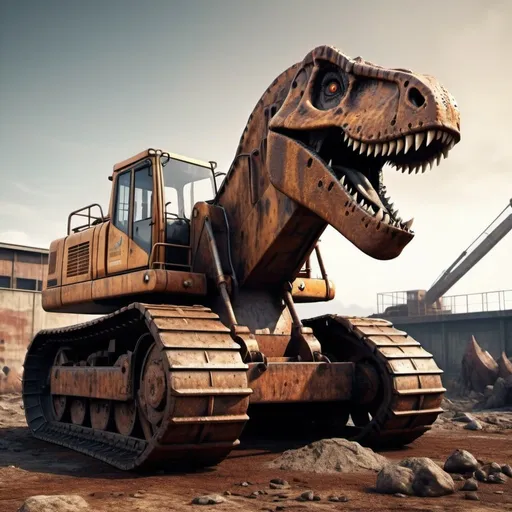 Prompt: Excavator with dinosaur mouth, realistic 3D rendering, industrial setting, rusty metallic texture, sharp teeth, menacing look, machinery, heavy equipment, gritty and detailed, high quality, realistic, industrial, rusty tones, dramatic lighting