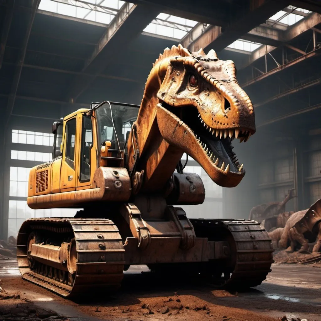 Prompt: Excavator with dinosaur mouth, realistic 3D rendering, industrial setting, rusty metallic texture, sharp teeth, menacing look, machinery, heavy equipment, gritty and detailed, high quality, realistic, industrial, rusty tones, dramatic lighting