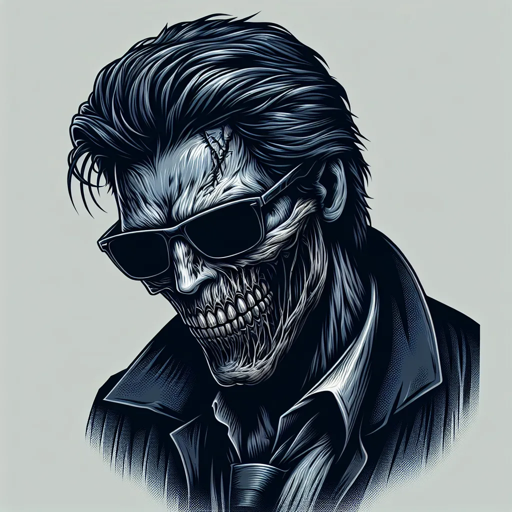 Prompt: a 2d graphic vector illustration close up of a creepy man with an evil grin wearing shades. Dark blue and gray color scheme. Scary horror thriller 