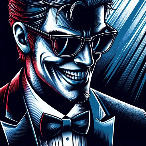 Prompt: 2d vector illustration, closeup of a man with an evil grin, wearing shades and a tuxedo, blue, black, and red color scheme, scary horror thriller, detailed facial expression, high contrast, intense shadows, professional, atmospheric lighting, highres, detailed, thriller, evil grin, closeup, shades, tuxedo, intense shadows, vector illustration, dark tones, professional