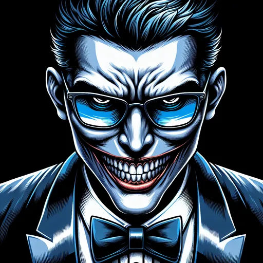 Prompt: 2d vector illustration, closeup of a man with an evil grin, wearing shades and a tuxedo, blue, black, and red color scheme, scary horror thriller, detailed facial expression, high contrast, intense shadows, professional, atmospheric lighting, highres, detailed, thriller, evil grin, closeup, shades, tuxedo, intense shadows, vector illustration, dark tones, professional thick outlines 16:9 aspect ratio