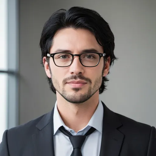 Prompt: Good looking businessman with glasses and medium length black hair and a small beard
