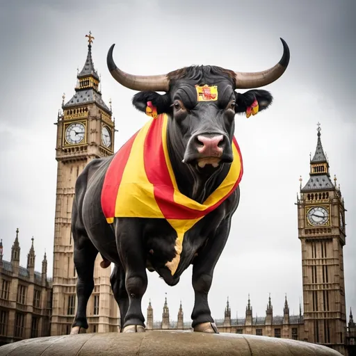 Prompt: A BIG SPANISH BULL WITH THE FLAG OF SPAIN ON HIS NECK TRAMPLING ON BIG BEN IN LONDON
