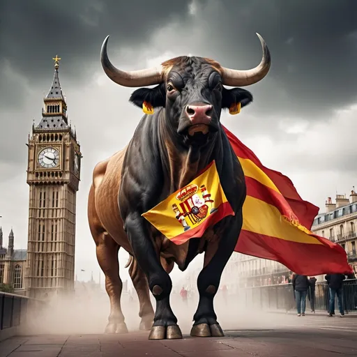 Prompt: Big Spanish bull with Spain flag on its neck, trampling Big Ben, high quality, realistic, historical, dramatic lighting, detailed fur and muscles, iconic landmark destruction, powerful stance, flag fluttering in the wind, intense expression, cityscape background, epic composition, Spain, UK, powerful bull, landmark destruction, dramatic lighting, flag, iconic, detailed muscles, historical, dynamic composition