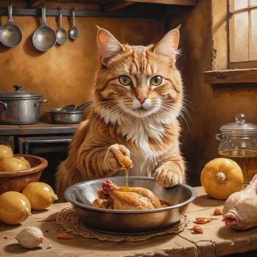 Prompt: Realistic oil painting of a cat tasting chicken, warm earthy tones, traditional art style, detailed fur with warm highlights, curious and playful expression, rustic kitchen backdrop, high quality, traditional art, warm tones, detailed fur, playful expression, rustic kitchen, realistic, professional, soft lighting