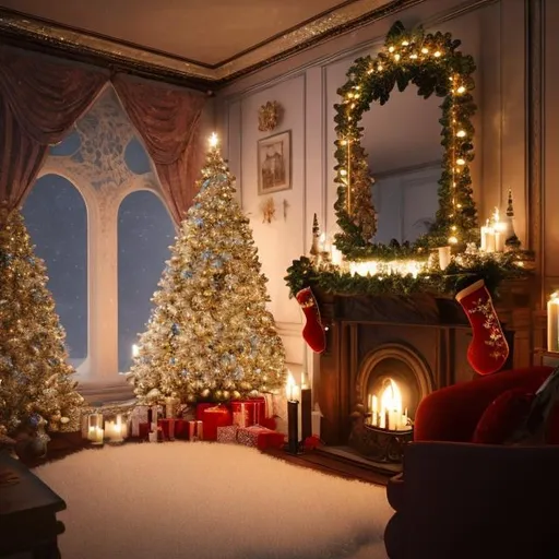 Prompt: A victorian living room lit only by candles with a big decorated christmas tree beside a fireplace with a lit fire, the entire room decorated with cedar bows, candles and ornaments, a comfortable lounge donned with a white blanket, snow is falling on cedars just outside the big windows and it is night time.