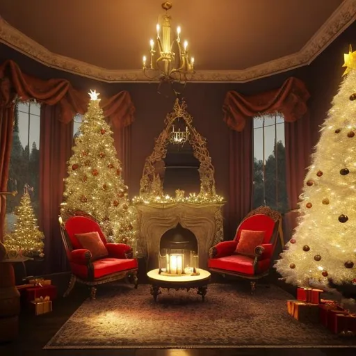 Prompt: A victorian living room landscape image lit only by candles with a big decorated christmas tree beside a fireplace with a lit fire, the entire room decorated with cedar bows, candles and ornaments, a comfortable lounge donned with a white blanket, snow is falling on cedars just outside the big windows and it is night time.