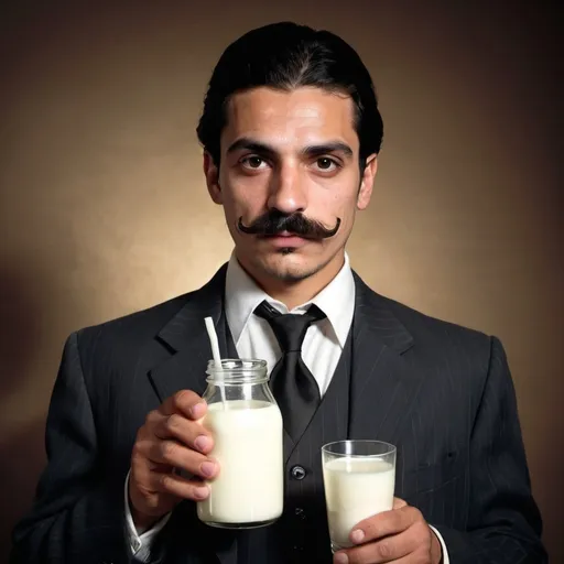 Prompt: a real young drug lord suited man with a nice moustache, holding milk