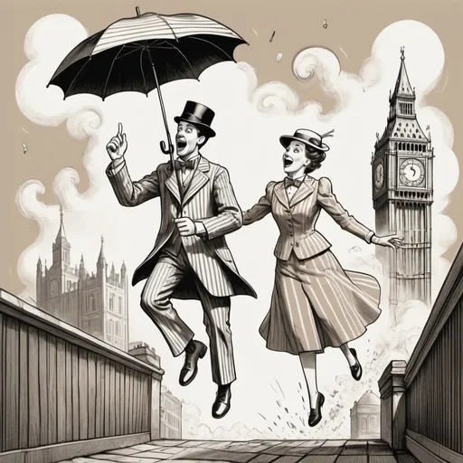 Prompt: Illustration of a line drawing in an antique engraving style of bert from mary poppins dressed in a wide vertical striped suit being blown through the air holding an umbrella with a funny shocked expression and mary poppins wearing a hat looking up at him from the ground and laughing in the style of a neo-noir graphic novel. The linework is sepia and the art should be fun and whimsical or even silly or nonsensical in vibe with the london skyline with chimneys and smoke lifting from them as the backdrop