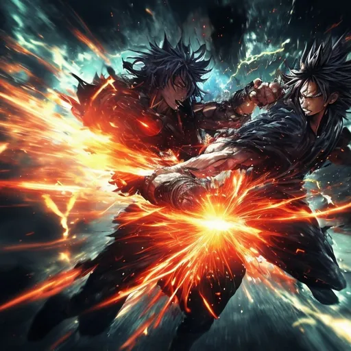 Prompt: Epic anime battle, dynamic action scene, high-impact energy effects, detailed character designs, intense facial expressions, 4k, ultra-detailed, anime, action, vibrant colors, dramatic lighting, powerful poses, epic battle, dynamic, intense, anime style, dramatic effects, detailed backgrounds, high-energy, professional, atmospheric lighting