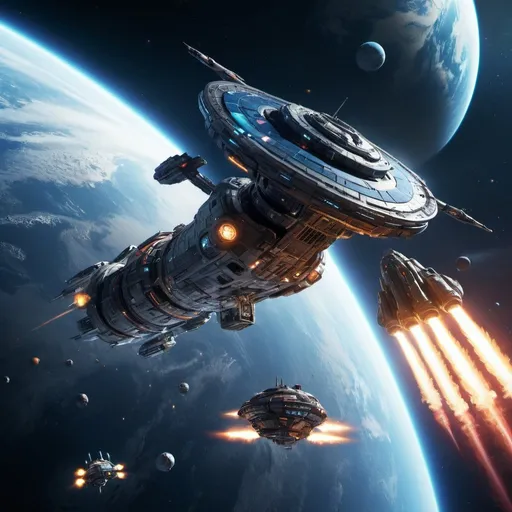 Prompt: MasterChef battling Covenant in Earth's orbit, high-res space battle, realistic 3D rendering, intense action, space combat, futuristic technology, detailed spacecraft, vibrant space colors, dynamic lighting, high quality, ultra-realistic, action-packed, sci-fi, intense battle, detailed spacecraft, realistic lighting, futuristic technology, vibrant space colors