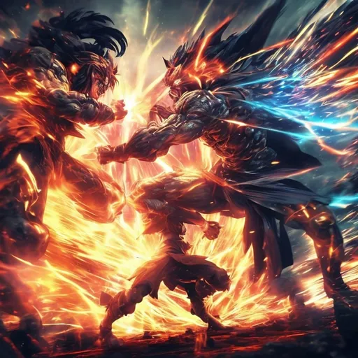 Prompt: Epic anime battle, dynamic action scene, high-impact energy effects, detailed character designs, intense facial expressions, 4k, ultra-detailed, anime, action, vibrant colors, dramatic lighting, powerful poses, epic battle, dynamic, intense, anime style, dramatic effects, detailed backgrounds, high-energy, professional, atmospheric lighting