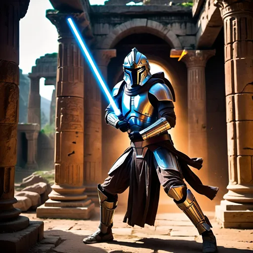 Prompt: Spartan 115 using a Jedi lightsaber, expert sword skills, futuristic sci-fi setting with ancient ruins, intense battle stance, high-detail armor, vibrant energy glow from the lightsaber, dynamic and powerful pose, top-notch quality, sci-fi, ancient ruins, intense battle, detailed armor, vibrant energy, dynamic pose, expert skills, futuristic, highres, ultra-detailed