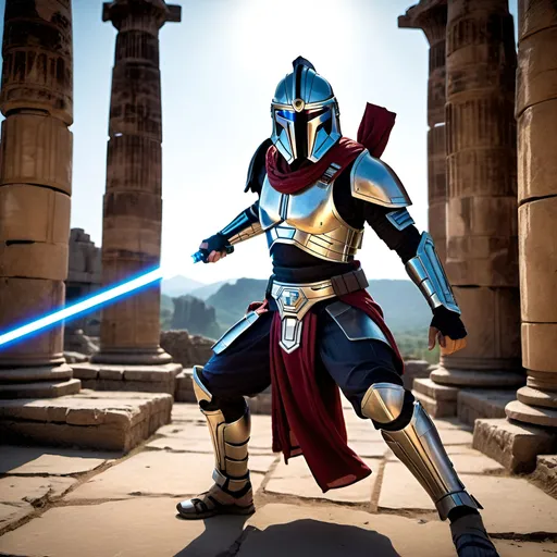 Prompt: Spartan 115 using a Jedi lightsaber, expert sword skills, futuristic sci-fi setting with ancient ruins, intense battle stance, high-detail armor, vibrant energy glow from the lightsaber, dynamic and powerful pose, top-notch quality, sci-fi, ancient ruins, intense battle, detailed armor, vibrant energy, dynamic pose, expert skills, futuristic, highres, ultra-detailed