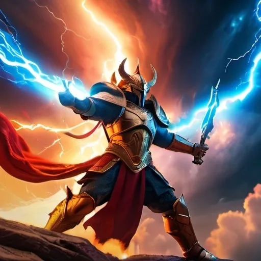 Prompt: (Battle through the heavens), epic battle scene, mighty warriors clashing, powerful celestial forces, dynamic and intense action, vibrant and dramatic color palette, fiery reds, electric blues, golden accents, ethereal and high-stakes atmosphere, glowing magical weapons and armor, swirling clouds and lightning in the background, ultra-detailed, high-definition, 4K resolution.