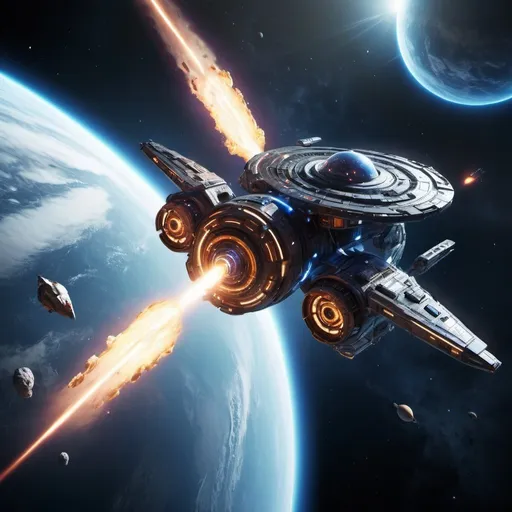 Prompt: MasterChef battling Covenant in Earth's orbit, high-res space battle, realistic 3D rendering, intense action, space combat, futuristic technology, detailed spacecraft, vibrant space colors, dynamic lighting, high quality, ultra-realistic, action-packed, sci-fi, intense battle, detailed spacecraft, realistic lighting, futuristic technology, vibrant space colors