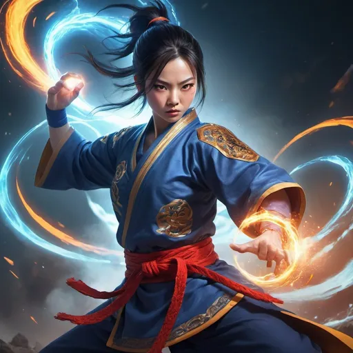Prompt: Xiao Yan powering up to Lvl 9000, digital illustration, intense energy aura, detailed martial arts outfit, glowing runes, epic battle scene, high quality, anime style, vibrant energy colors, dynamic lighting, powerful stance, martial arts, fantasy, energy aura, detailed clothing, epic battle, digital illustration, Lvl 9000, vibrant colors, dynamic lighting, intense energy